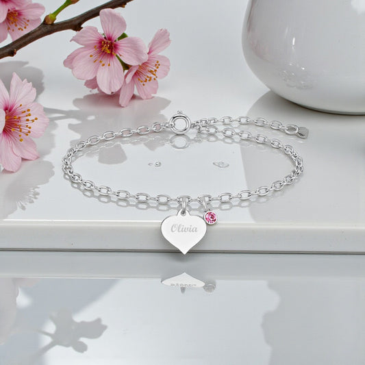 Mum Engraved Bracelet with Birthstone Sterling Silver 925 | Personalised Jewellery Gift