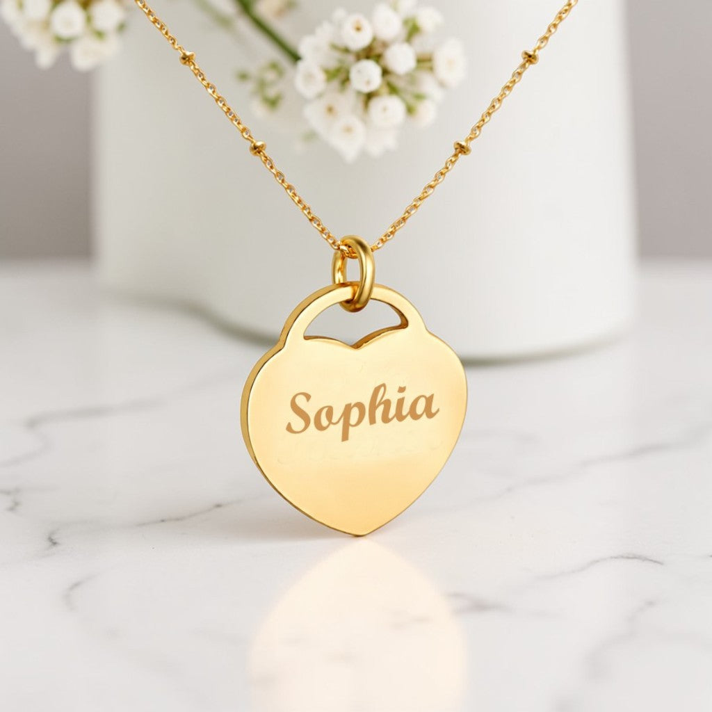 Engraved Name Heart Necklace | 14ct Gold Stainless Steel | Personalised Jewellery