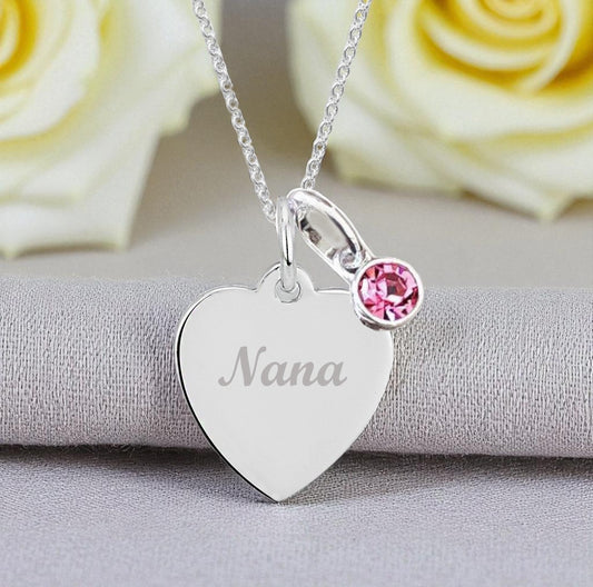 Nana Engraved Necklace with Birthstone in Sterling Silver 925 | Personalised Jewellery Gift