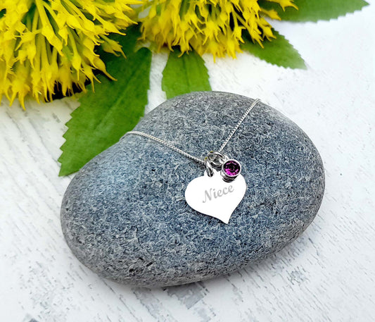 Niece Engraved Personalised Necklace with Birthstone in 925 Sterling Silver