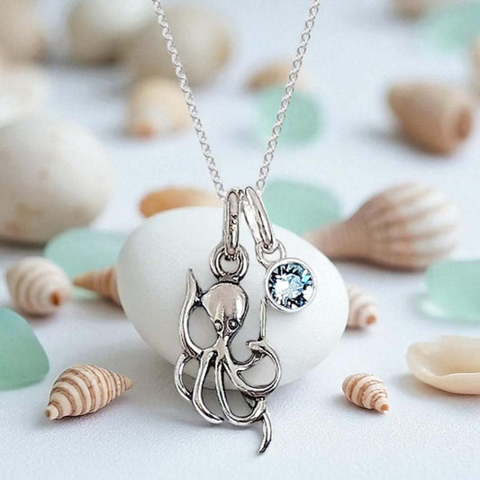 Octopus Birthstone Necklace Sterling Silver 925 – Personalised Jewellery Gift
