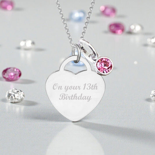 13th Birthday Engraved Necklace with Birthstone | Personalised Jewellery Gift