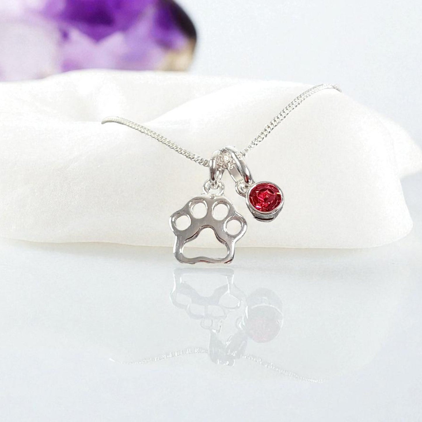 Open Paw Print Birthstone Necklace Sterling Silver 925 – Personalised Jewellery Gift