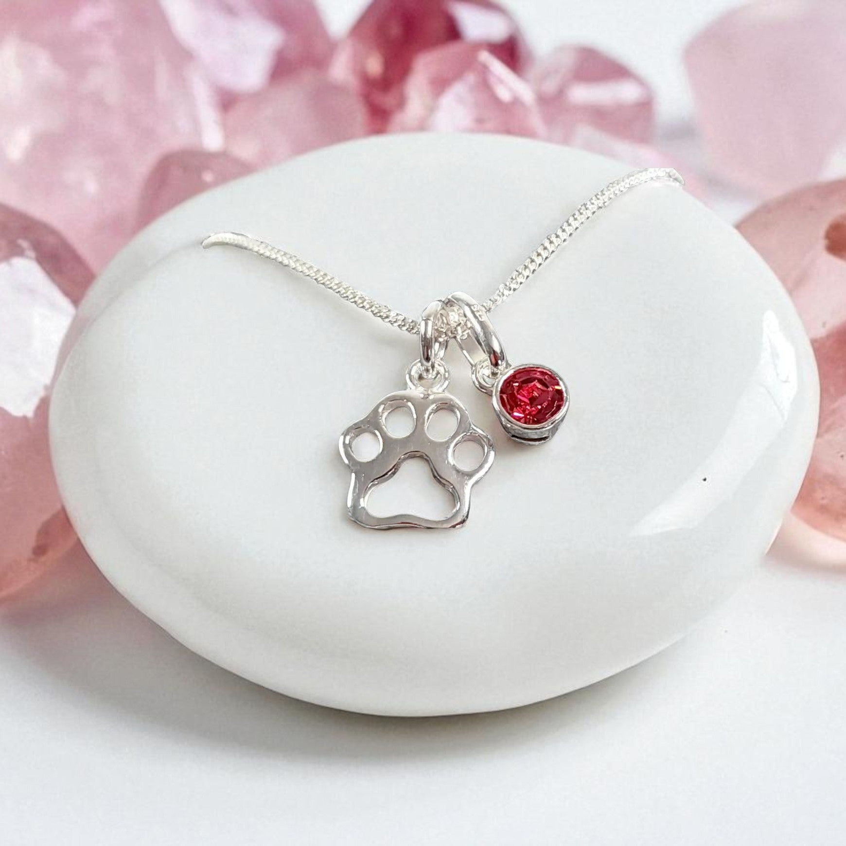 Open Paw Print Birthstone Necklace Sterling Silver 925 – Personalised Jewellery Gift