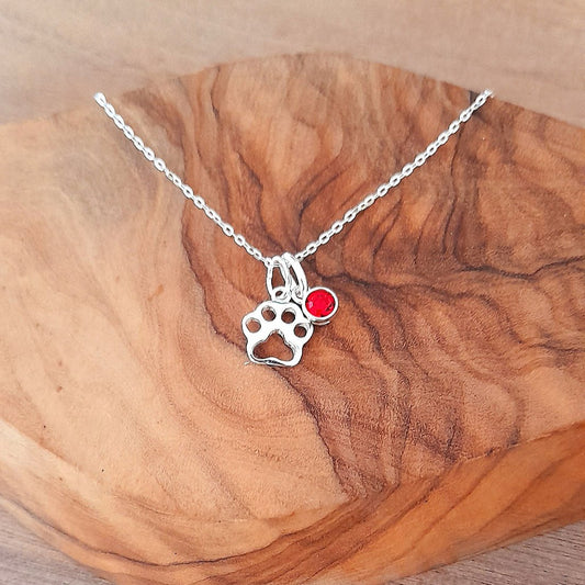Open Paw Print Birthstone Necklace Sterling Silver 925, Personalised Jewellery