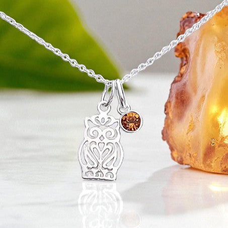 Owl Necklace with Birthstone | Sterling Silver 925 | Personalised Jewellery Gift