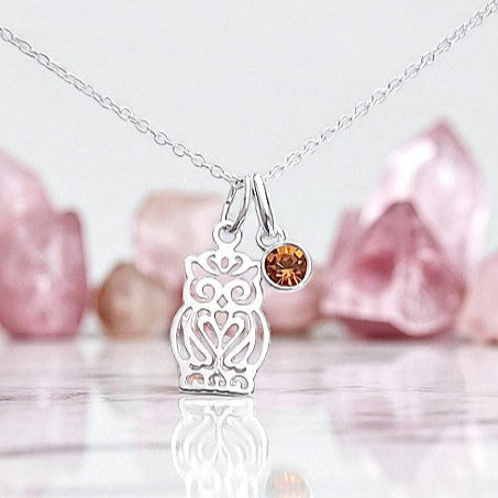 Owl Necklace with Birthstone | Sterling Silver 925 | Personalised Jewellery Gift
