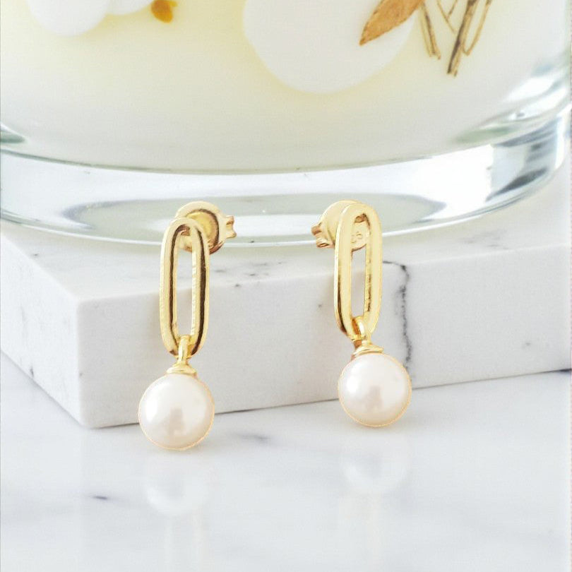Pearl Charm Drop Earrings | 14ct Yellow Gold Plated Sterling Silver 925 | Paperclip Studs