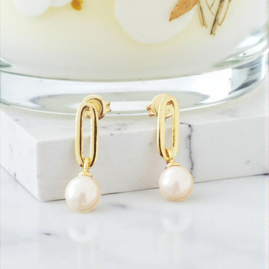 Pearl Charm Drop Earrings | 14ct Yellow Gold Plated Sterling Silver 925 | Paperclip Studs