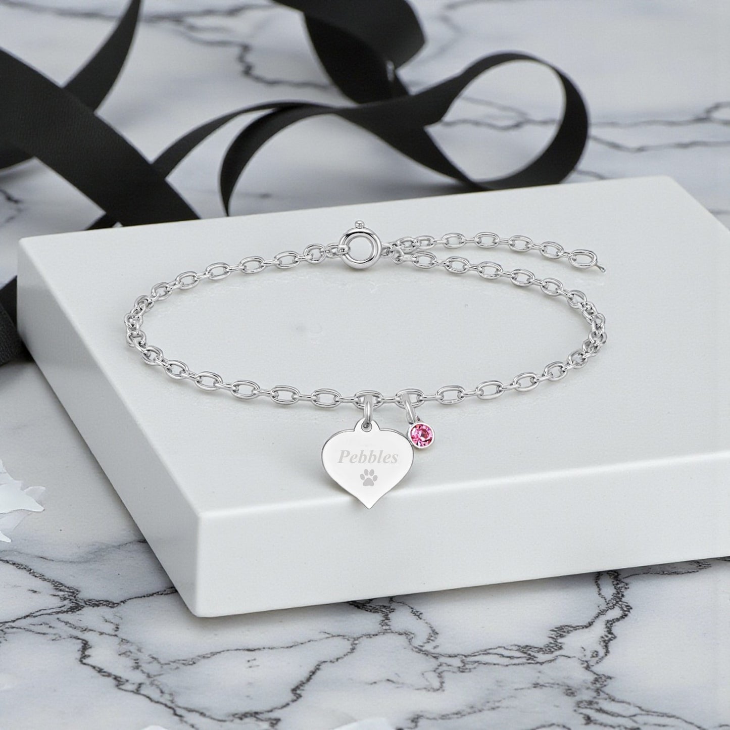 Personalised Paw Print Bracelet | Sterling Silver 925 | Engraved Pet Name Memorial Jewellery Gift
