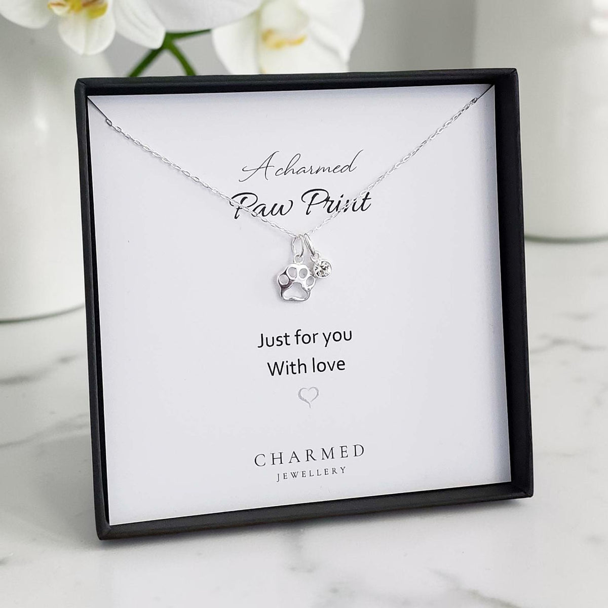 A Charmed Paw Print Birthstone Necklace in Sterling Silver 925 | Personalised Jewellery Gift