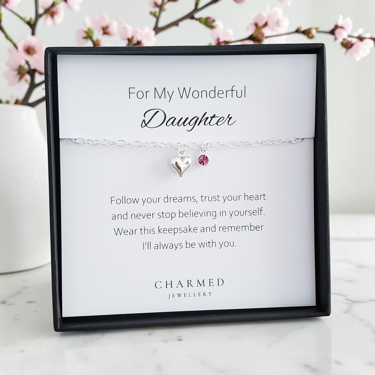 Daughter Puffy Heart Bracelet with Birthstone in Sterling Silver 925 | Personalised Jewellery Gift