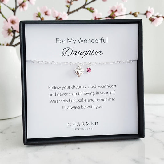 Daughter Puffy Heart Bracelet with Birthstone in Sterling Silver 925 | Personalised Jewellery Gift