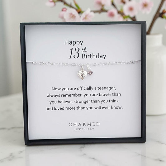 13th Birthday Puffy Heart Bracelet with Birthstone | Sterling Silver 925 | Personalised Jewellery Gift