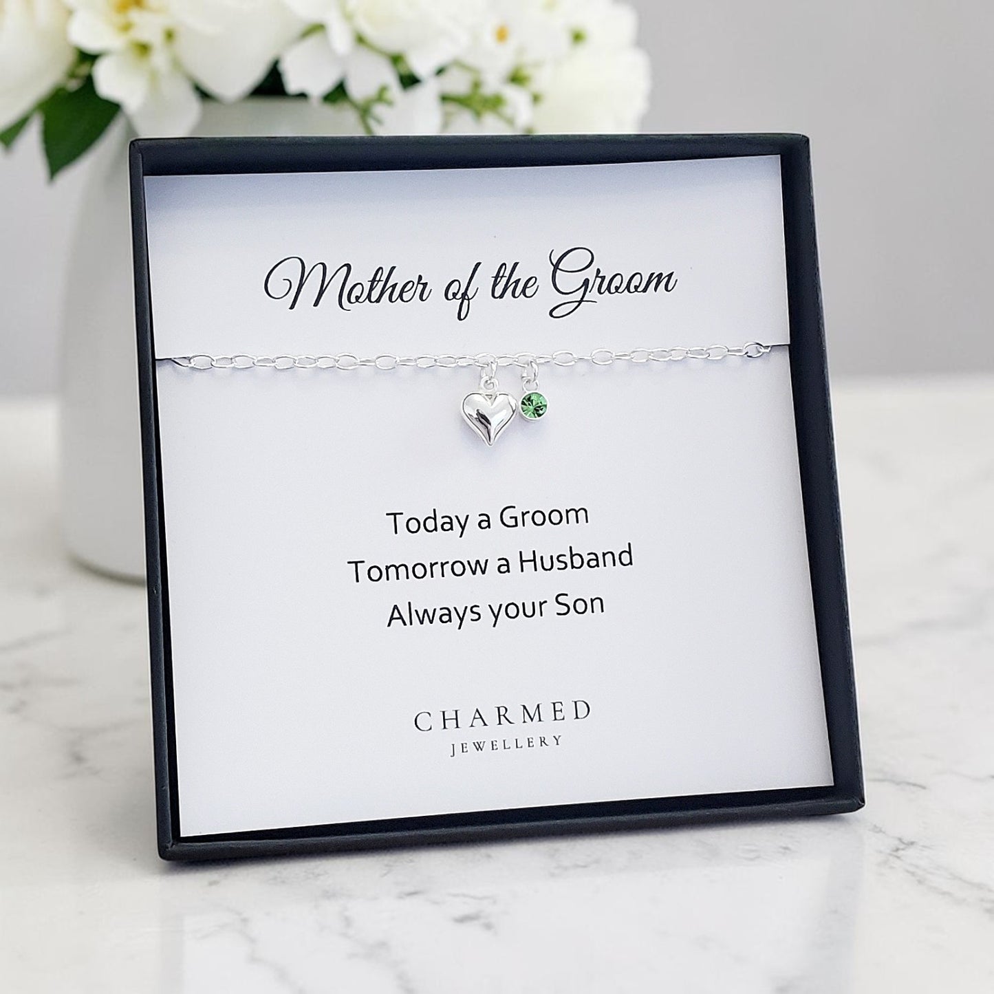 Mother of the Groom Puffy Heart Birthstone Bracelet | Sterling Silver 925 | Personalised Jewellery Gift