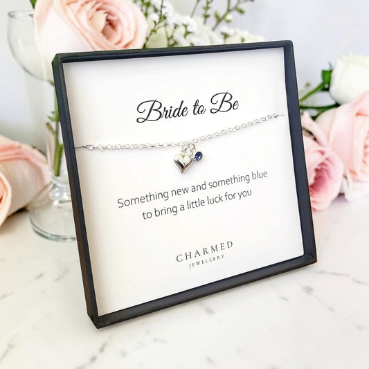 Bride To Be Gift | Puffy Heart Bracelet with Something Blue Crystal | Sterling Silver Gift