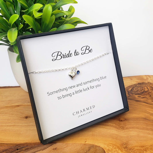 Bride To Be Gift, Puffy Heart Bracelet with Something Blue Crystal | Sterling Silver Gift