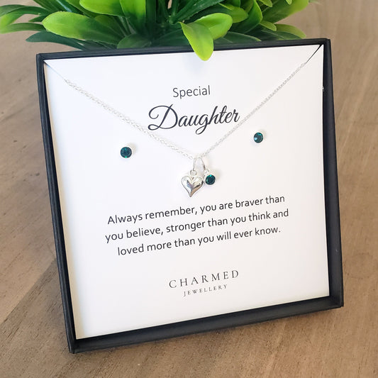 Daughter Puffy Heart Birthstone Necklace & Earrings Gift Set in 925 Sterling Silver | Personalised Jewellery Gift