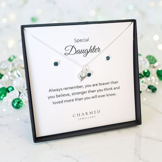 Daughter Puffy Heart Birthstone Necklace & Earrings Gift Set | 925 Sterling Silver | Personalised Jewellery Gift
