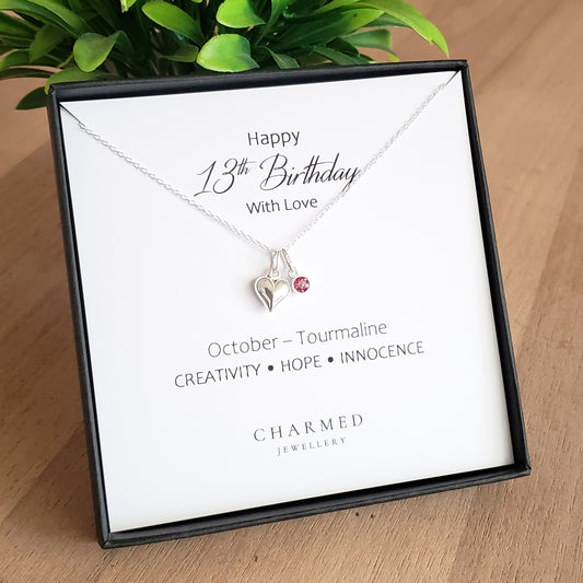 13th Birthday Gift | Puffy Heart Necklace with Crystal Birthstone