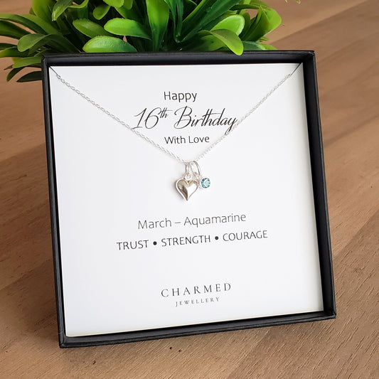 16th Birthday Gift | Puffy Heart Necklace with Crystal Birthstone