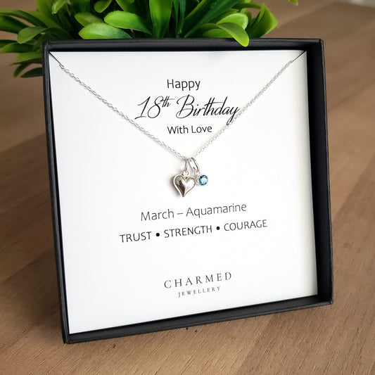 18th Birthday Gift | Puffy Heart Necklace with Swarovski Crystal Birthstone