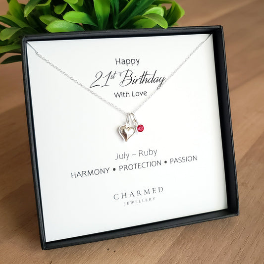 21st Birthday Gift | Puffy Heart Necklace with Crystal Birthstone