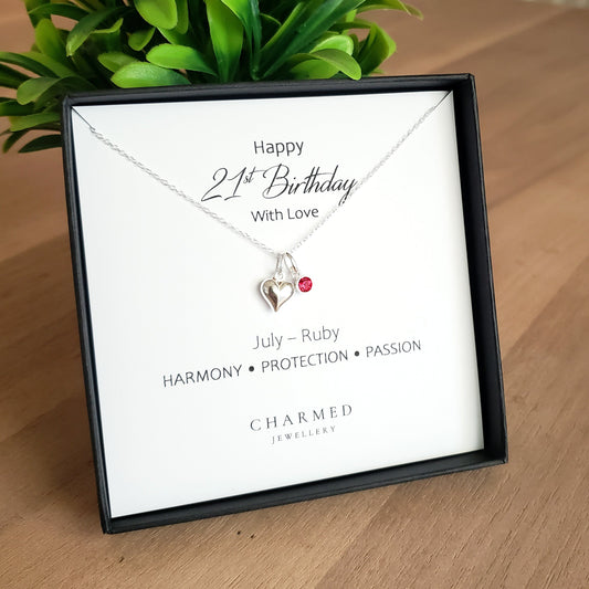 21st Birthday Gift | Puffy Heart Necklace with Crystal Birthstone