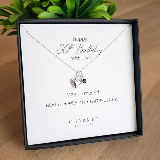 30th Birthday Gift | Puffy Heart Necklace with Crystal Birthstone