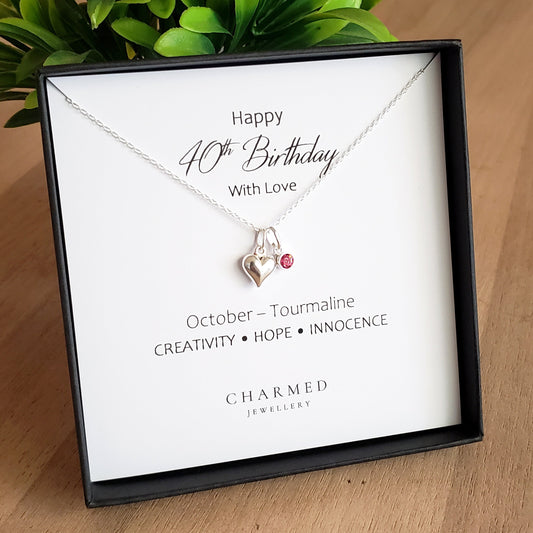 40th Birthday Gift | Puffy Heart Necklace with Crystal Birthstone