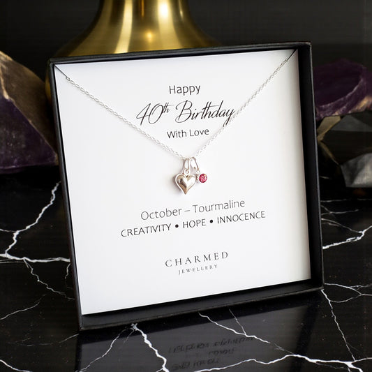 40th Birthday Gift | Puffy Heart Necklace with Crystal Birthstone