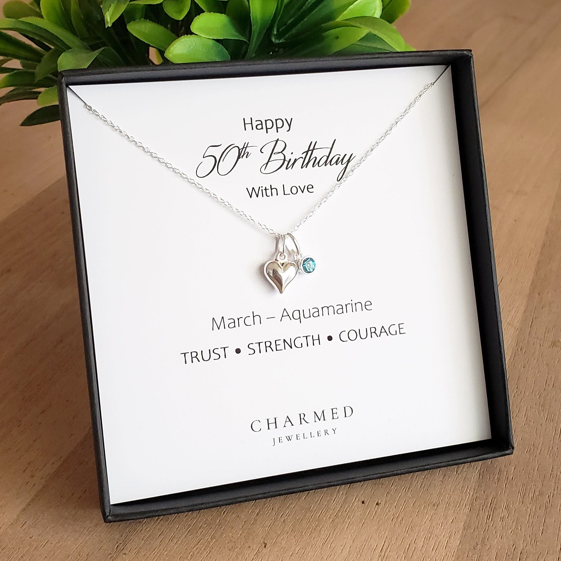 50th Birthday Gift | Puffy Heart Necklace with Crystal Birthstone