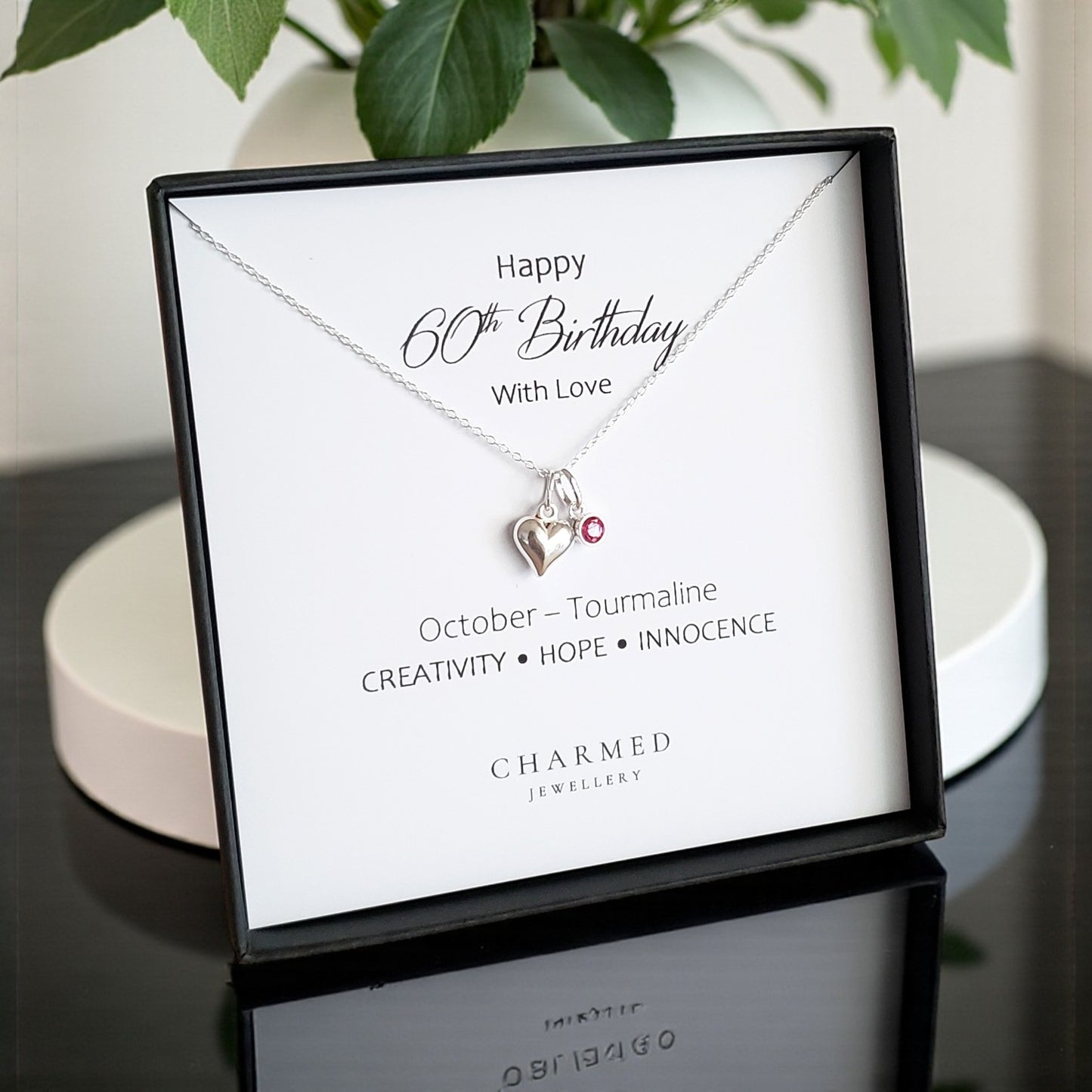 60th Birthday Gift | Puffy Heart Necklace with Crystal Birthstone