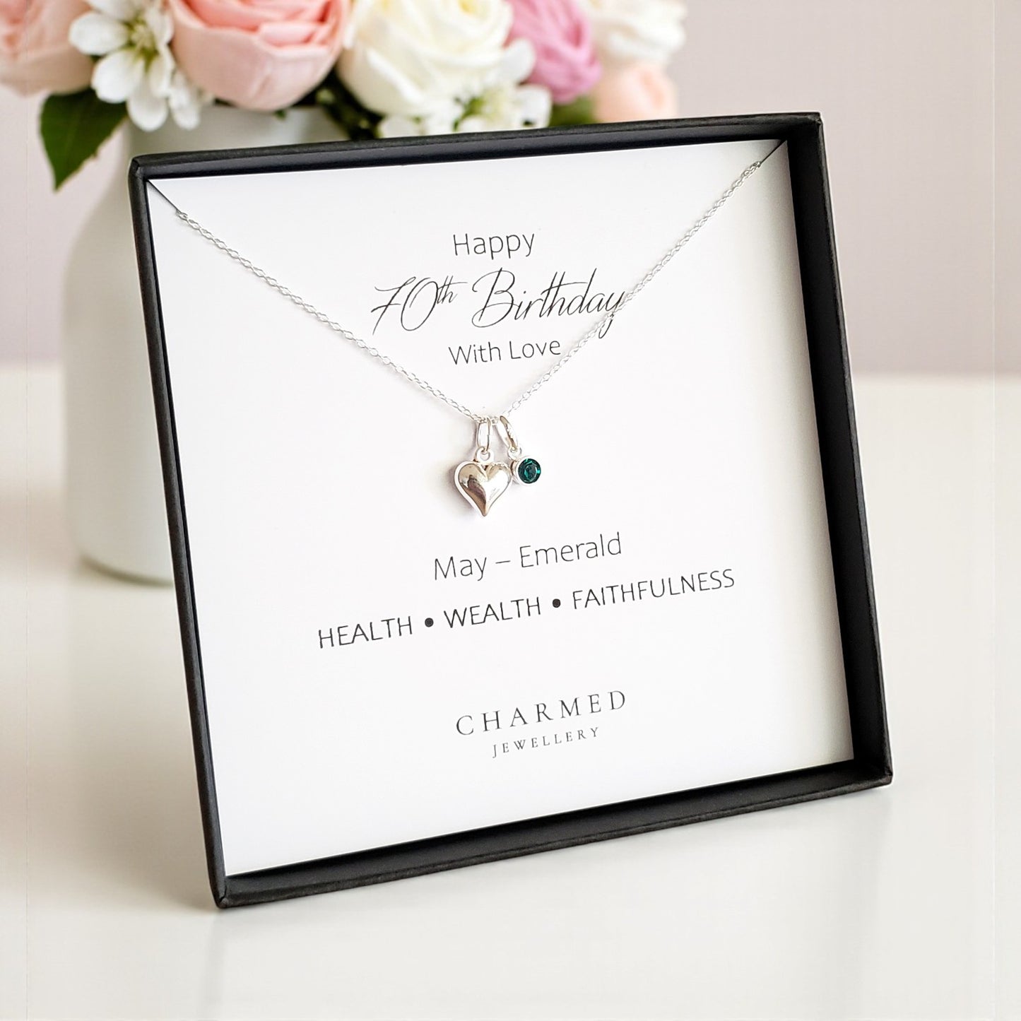 70th Birthday Gift | Puffy Heart Necklace with Crystal Birthstone
