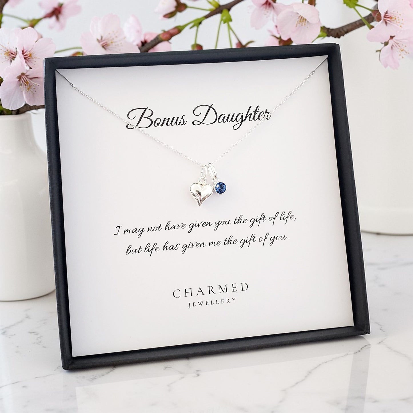 Bonus Daughter Heart Necklace with Birthstone | Sterling Silver 925 | Personalised Jewellery Gift