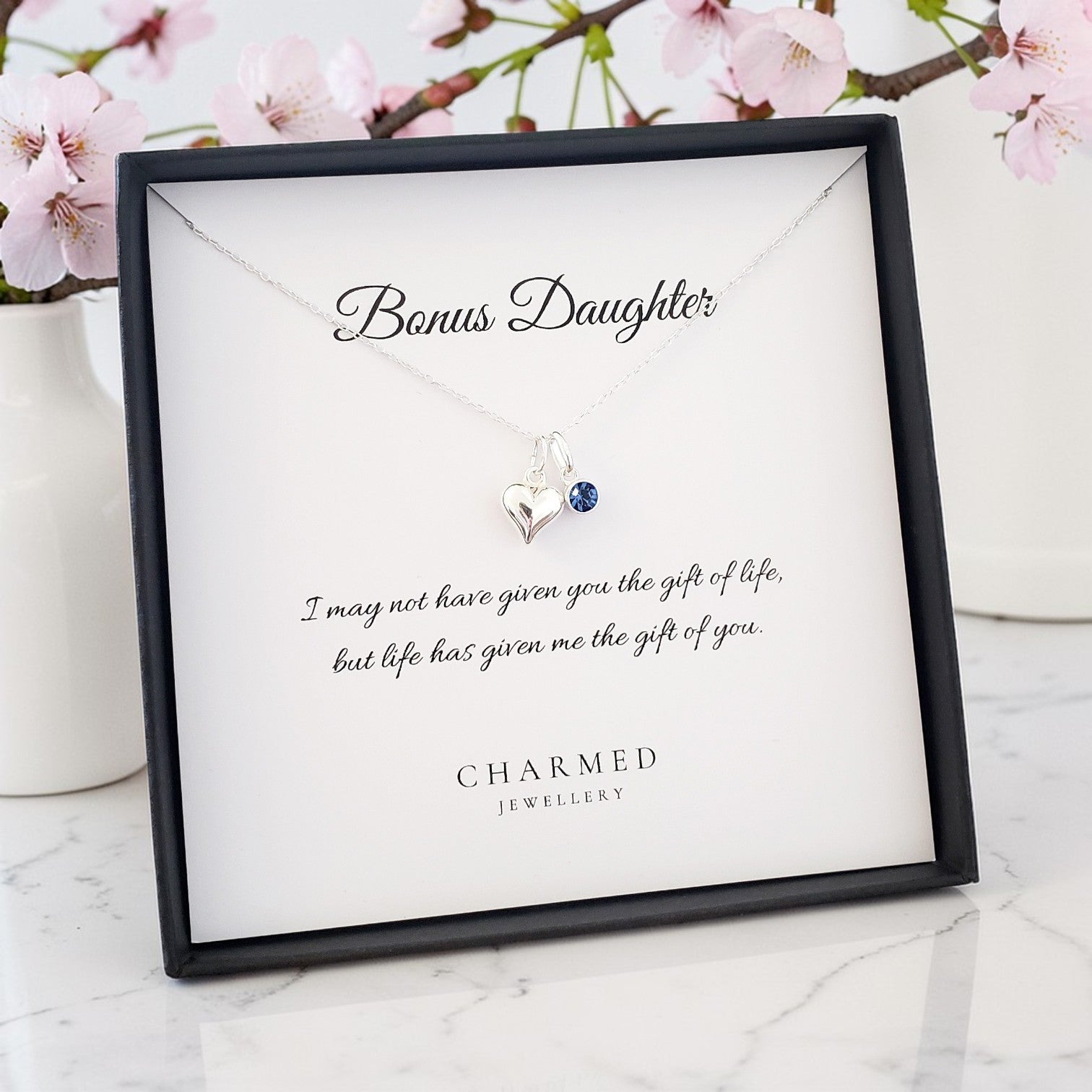 Bonus Daughter Heart Necklace with Birthstone | Sterling Silver 925 | Personalised Jewellery Gift