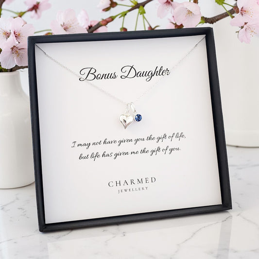 Bonus Daughter Heart Necklace with Birthstone | Sterling Silver 925 | Personalised Jewellery Gift