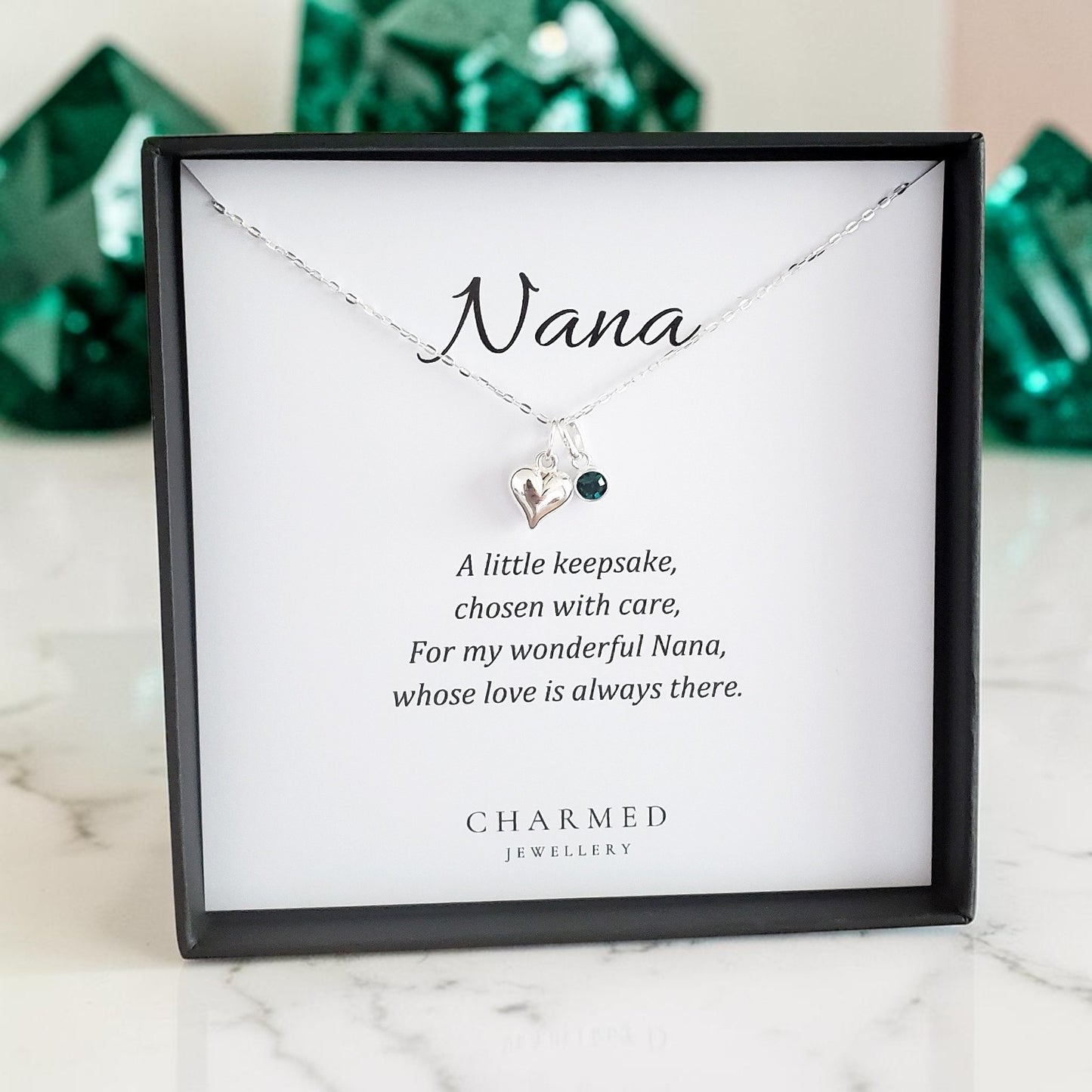 Nana Gift | Puffy Heart Necklace with Crystal Birthstone Sterling Silver 925 | Personalised Jewellery