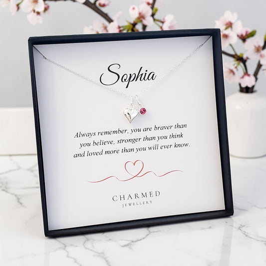 Personalised Puffy Heart Birthstone Necklace in 925 Sterling Silver | Jewellery Gift