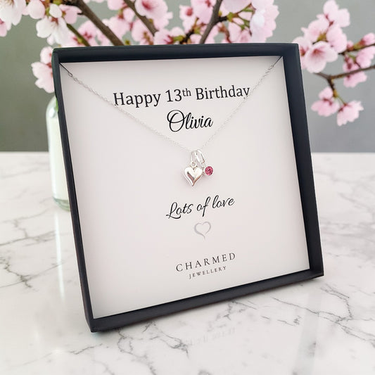 13th Birthday Heart Necklace with Birthstone | Sterling Silver 925 | Personalised Jewellery Gift