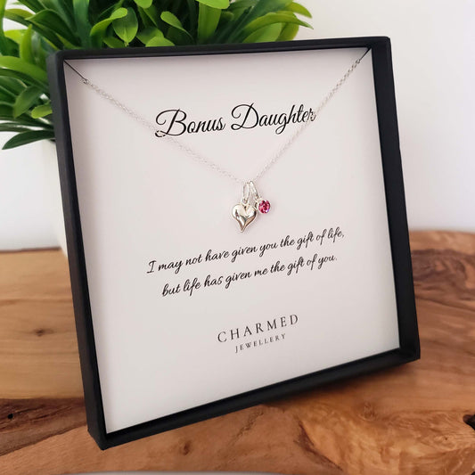 Bonus Daughter Heart Necklace with Birthstone | Sterling Silver 925 | Personalised Jewellery Gift