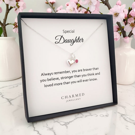 Daughter Heart Necklace with Birthstone | Sterling Silver 925 | Personalised Jewellery Gift