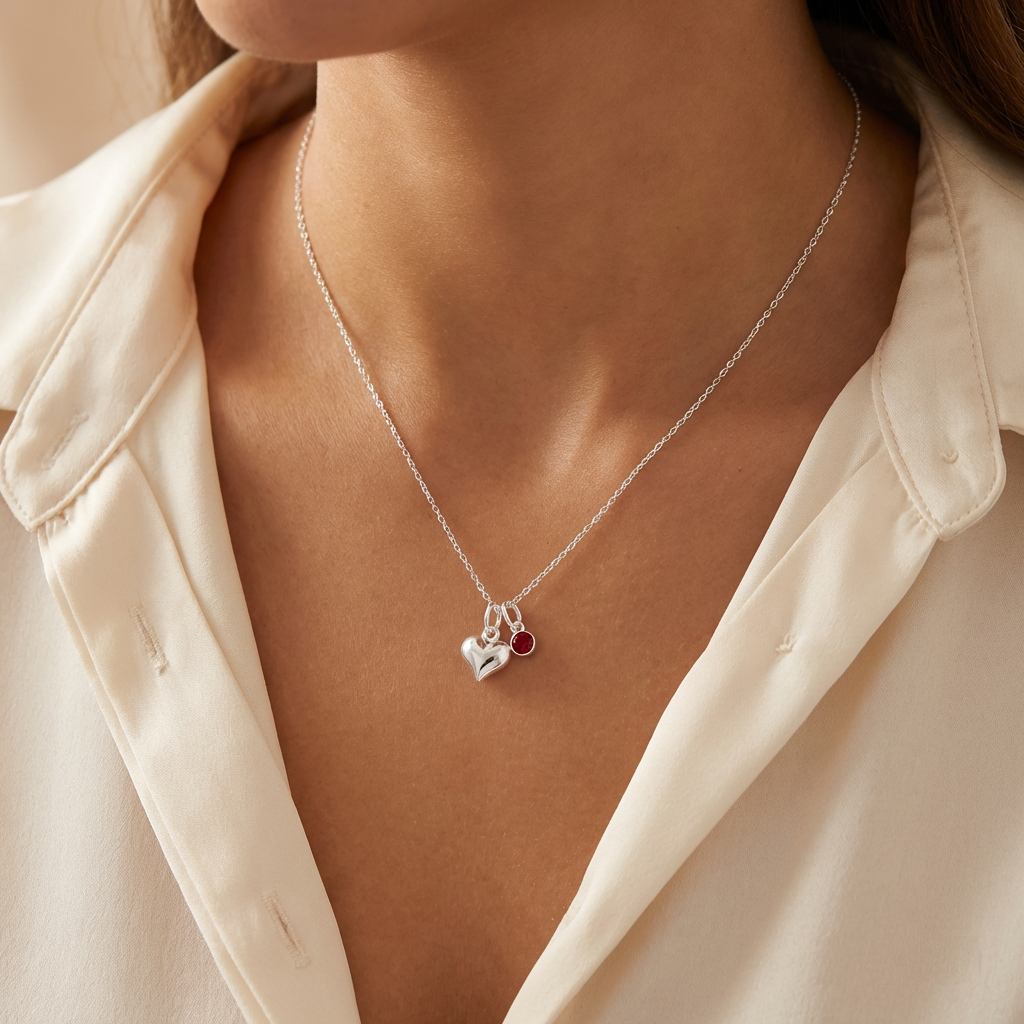 Puffy Heart Necklace with Crystal Birthstone Sterling Silver 925 | Personalised Jewellery