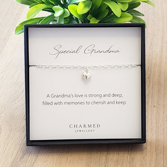 Special Grandma Puffy Heart Bracelet | Sterling Silver 925 | Personalised Jewellery Gift