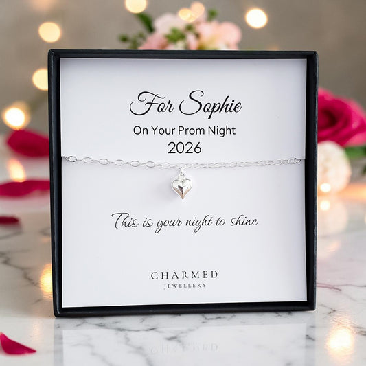 Personalised Prom Gift | Puffy Heart Bracelet in Sterling Silver 925