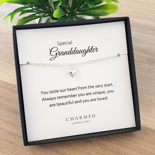 Granddaughter Puffy Heart Bracelet in Sterling Silver 925 | Personalised Jewellery Gift