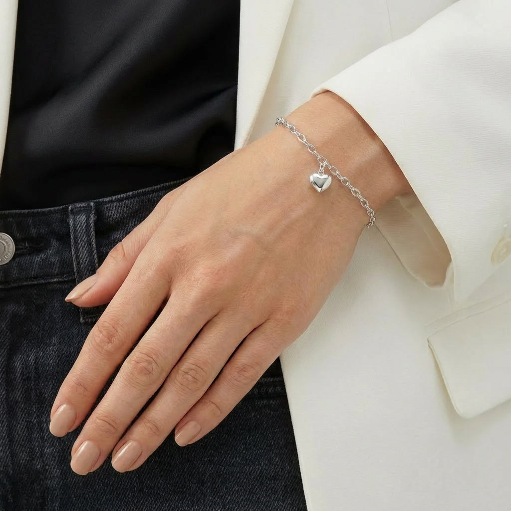 Miss You Gift | Puffy Heart Bracelet in 925 Sterling Silver | Personalised Jewellery Gift