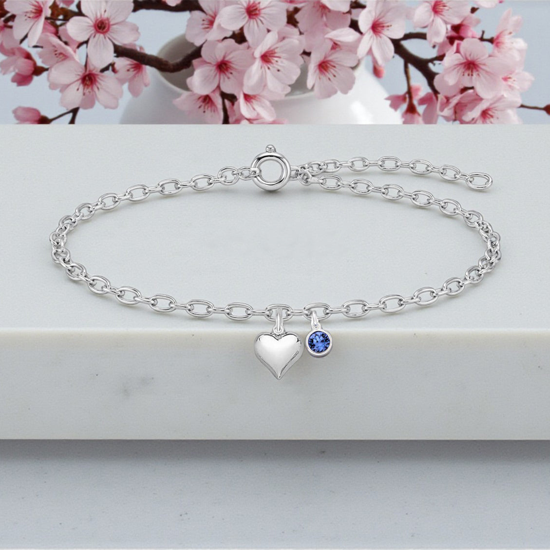 Silver Puffy Heart Bracelet with Crystal Birthstone | Sterling Silver 925 | Personalised Jewellery Gift