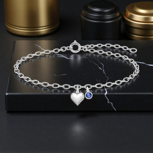 Silver Puffy Heart Bracelet with Crystal Birthstone | Sterling Silver 925 | Personalised Jewellery Gift