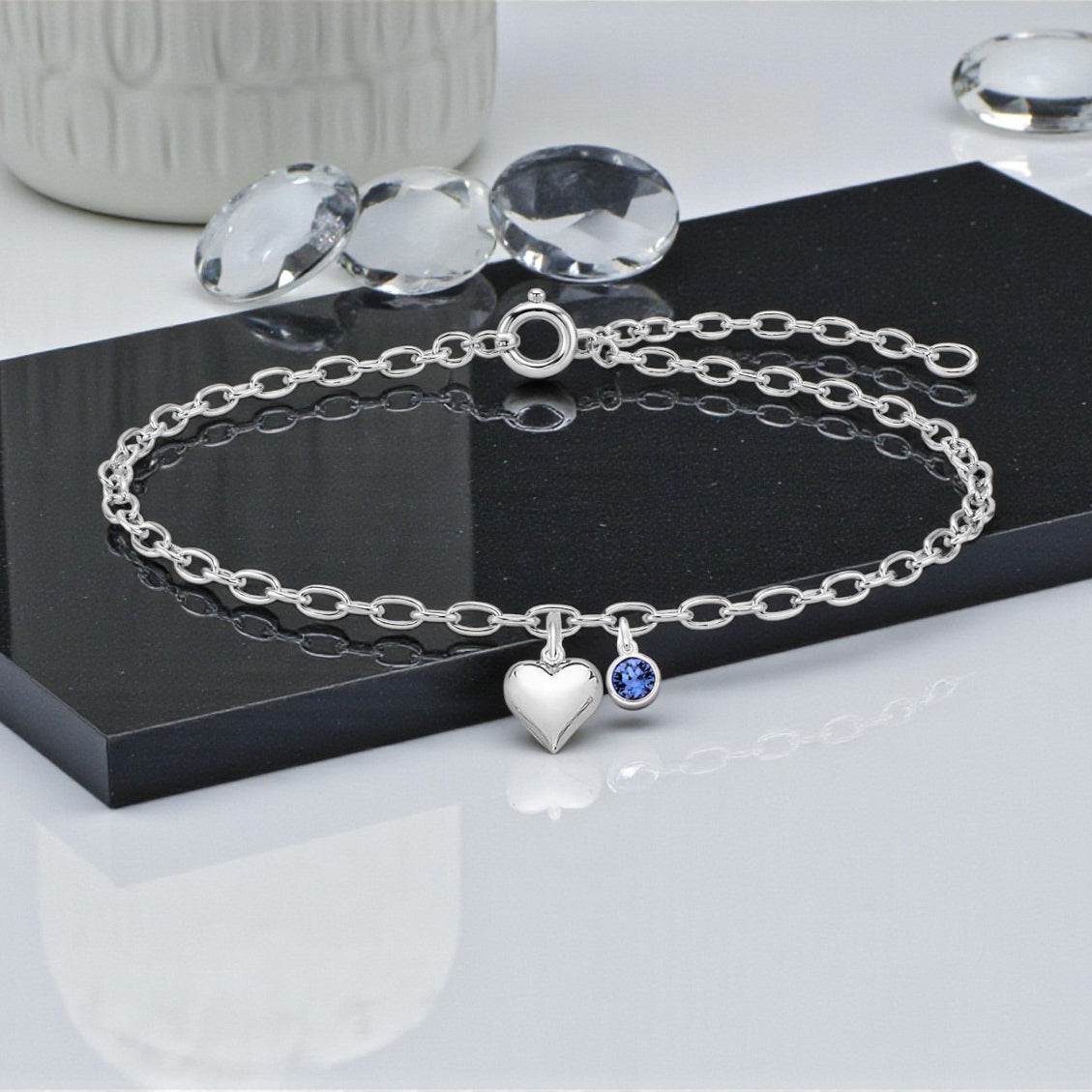 Silver Puffy Heart Bracelet with Crystal Birthstone | Sterling Silver 925 | Personalised Jewellery Gift
